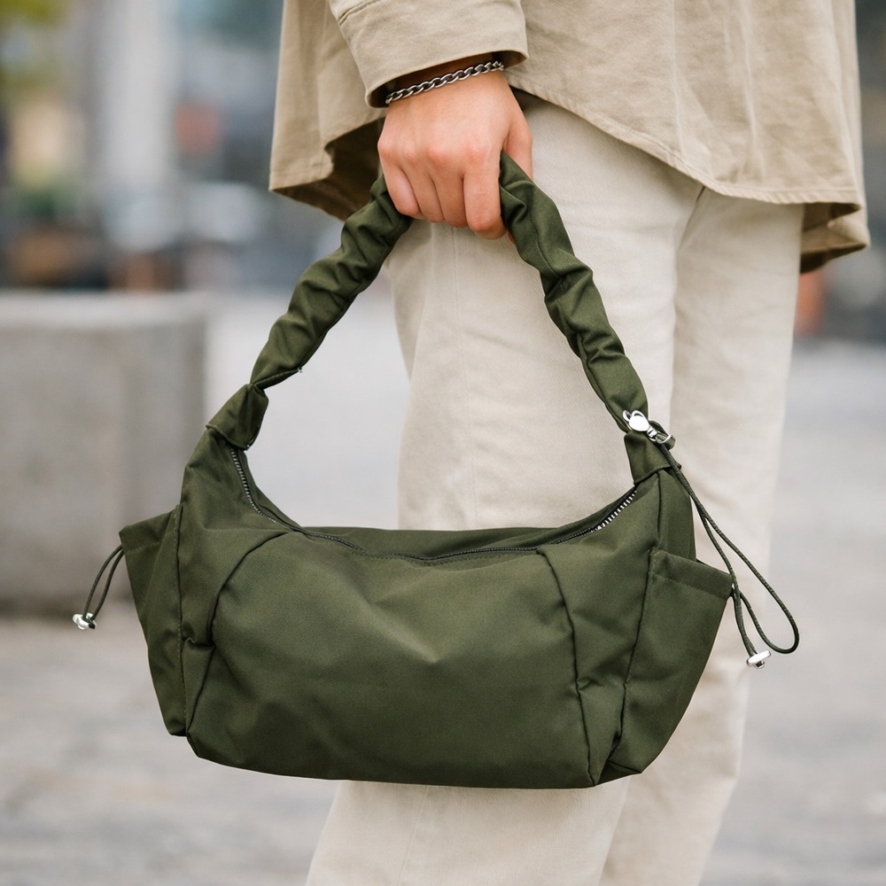 Green Shoulder Bag, Ruched Handle Baguette Small Nylon Y2K Purse, Minimalist